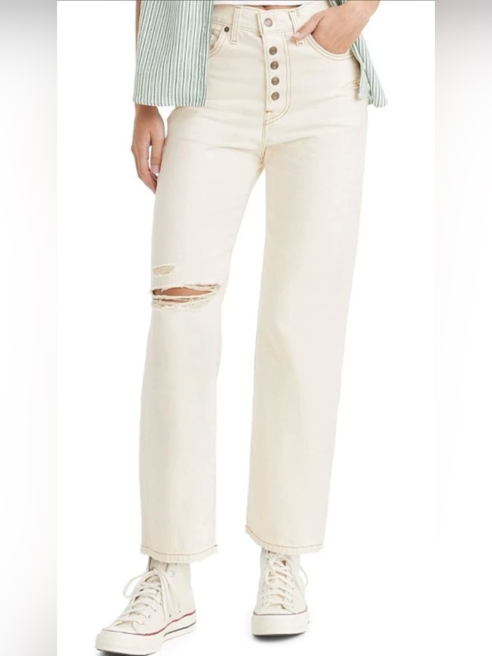 Levi's Buttonfly Ribcage Straight Leg Ankle Ripped White Jeans Sz 29